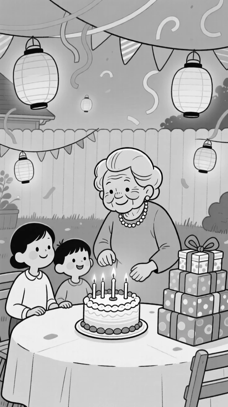A grandmother lighting candles for a family celebration, letting the lanterns bob gently on the evening breeze, set in a backyard strung with bright party streamers. A stack of gifts wrapped in bright paper waits nearby. It captures the warmth of celebration shared across generations.