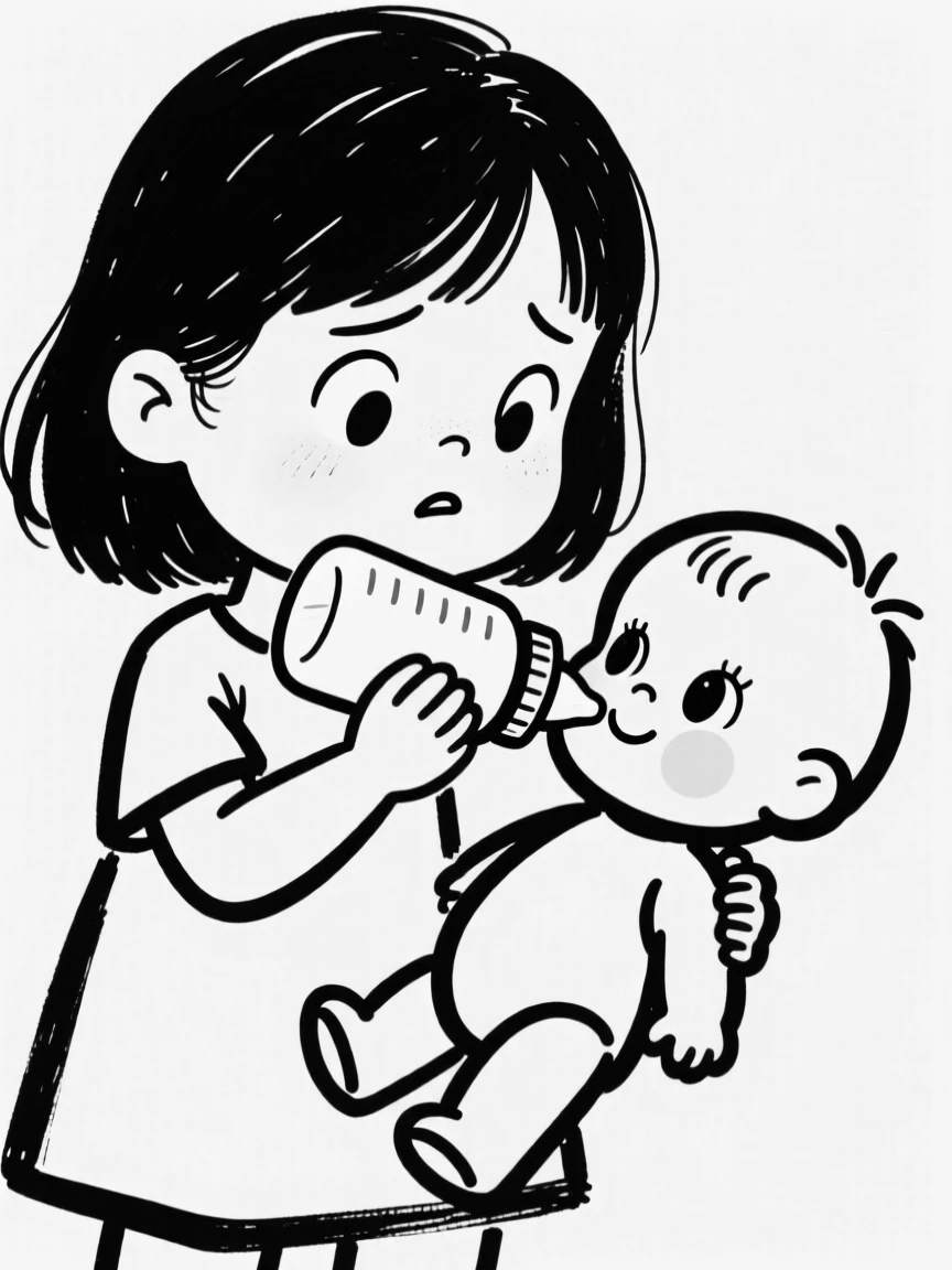 A little girl feeding a baby bottle to her favorite doll with great concentration.
