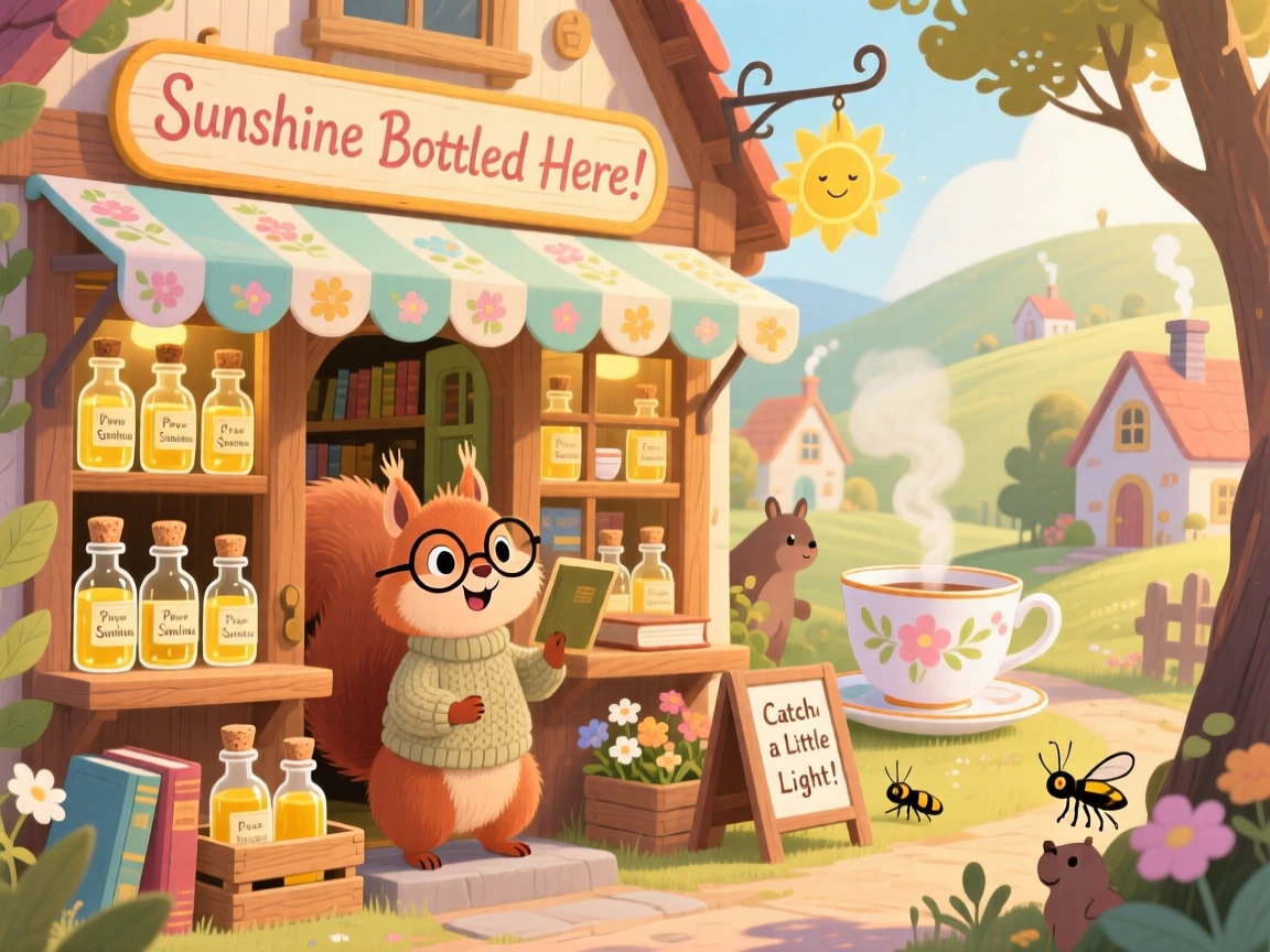 A squirrel librarian delights in keeping a shop that sells bottled sunshine, tucked within a world where teacups are houses, with everything slightly too big or too small in a charming way.