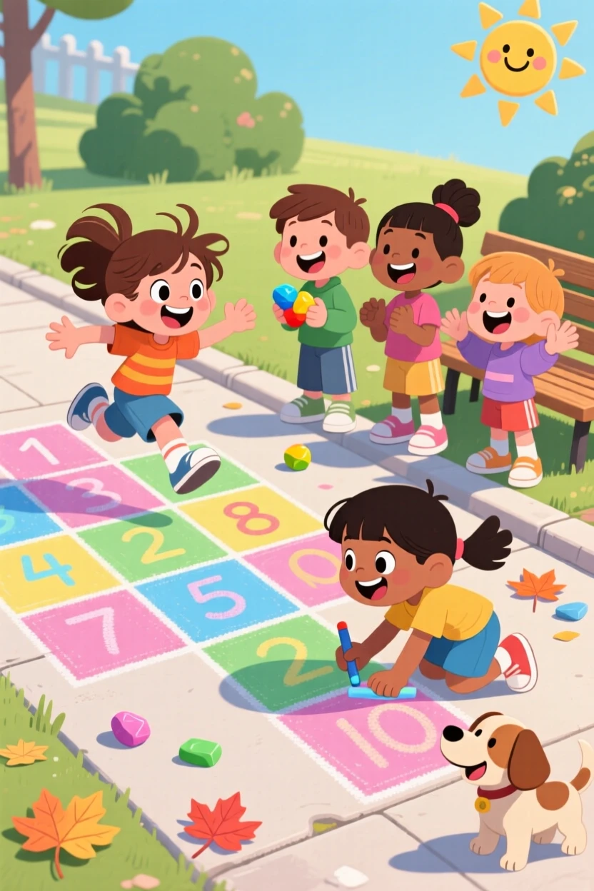 A group of children playing hopscotch on a chalk-drawn sidewalk.
