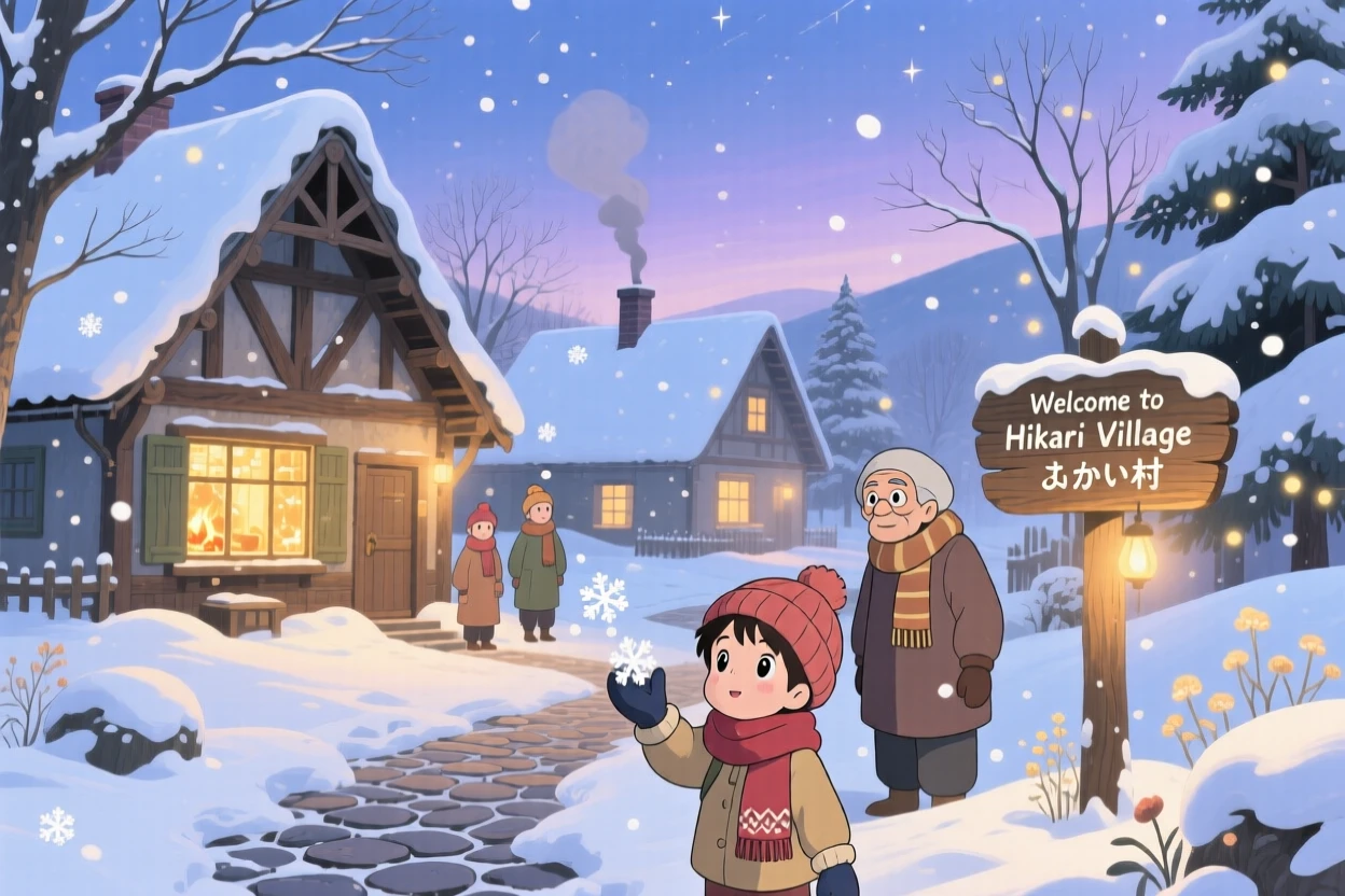 A winter scene of a village blanketed in fresh snow with warm lit windows, with a gentle breeze stirring the scene.