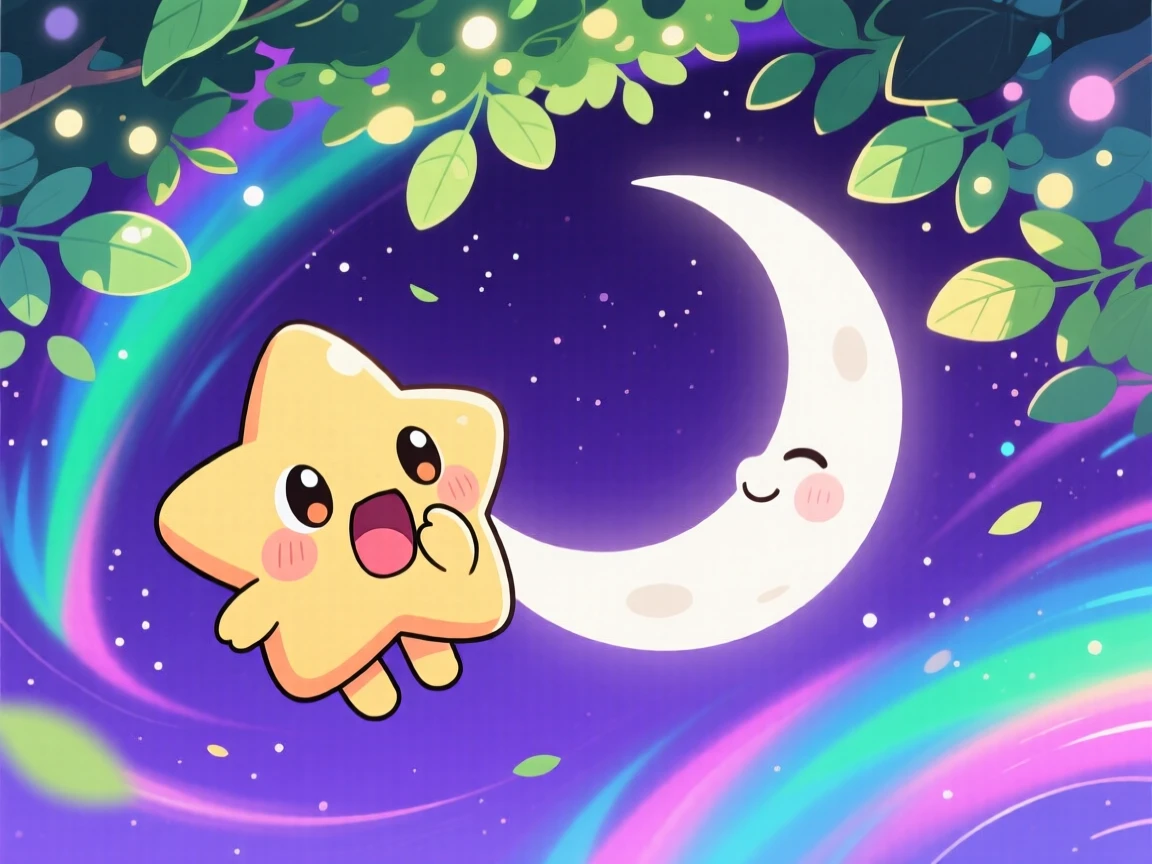 A sleepy star character yawning beside a crescent moon in a deep purple night sky beneath swirling aurora-lit skies; dappled sunlight through a canopy washes over the scene as curious excitement fills the moment. Bird's-eye view.