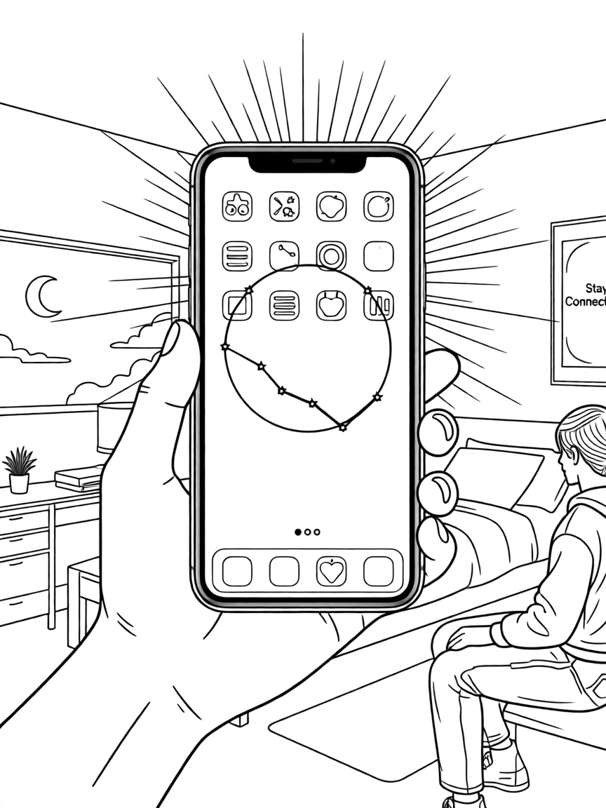 A smartphone displaying a constellation of app icons, with soft ambient lighting filling the room.