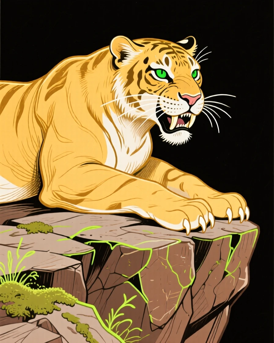 A saber-toothed cat resting on a rocky outcrop.