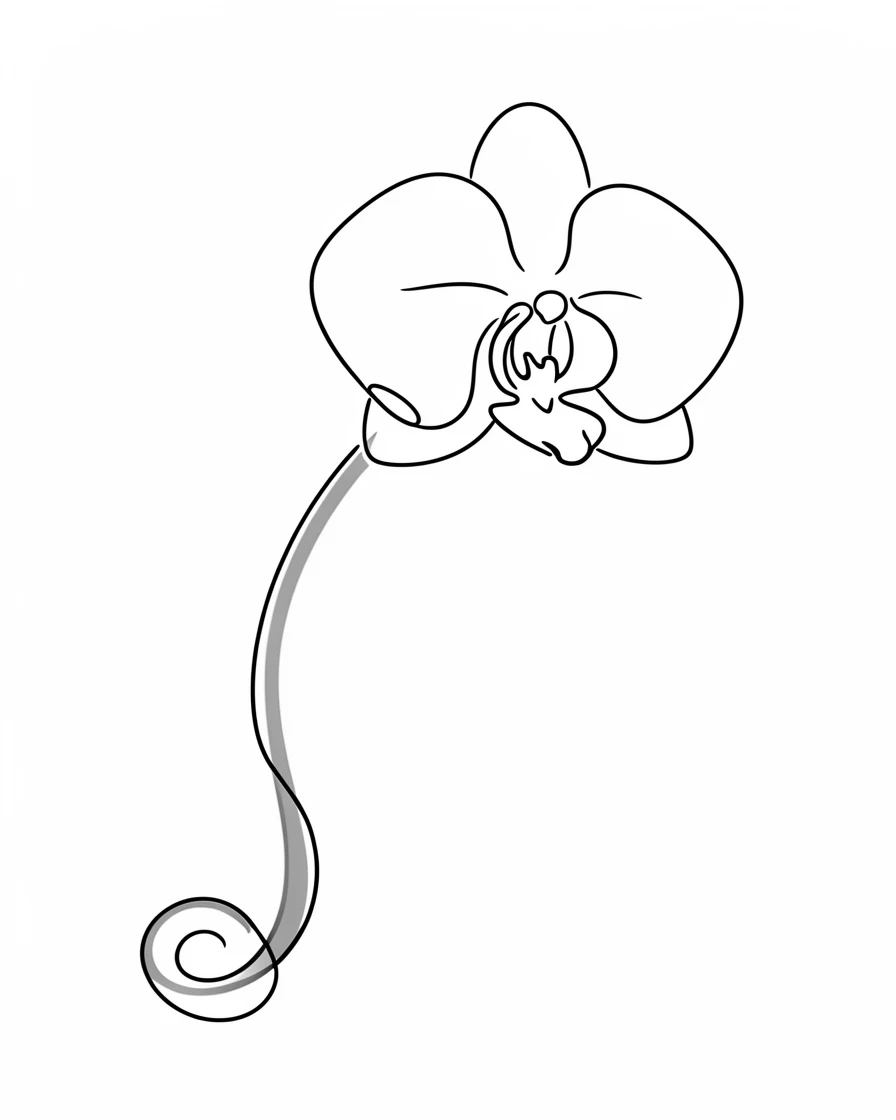 A single orchid blossom growing from a curling green stem