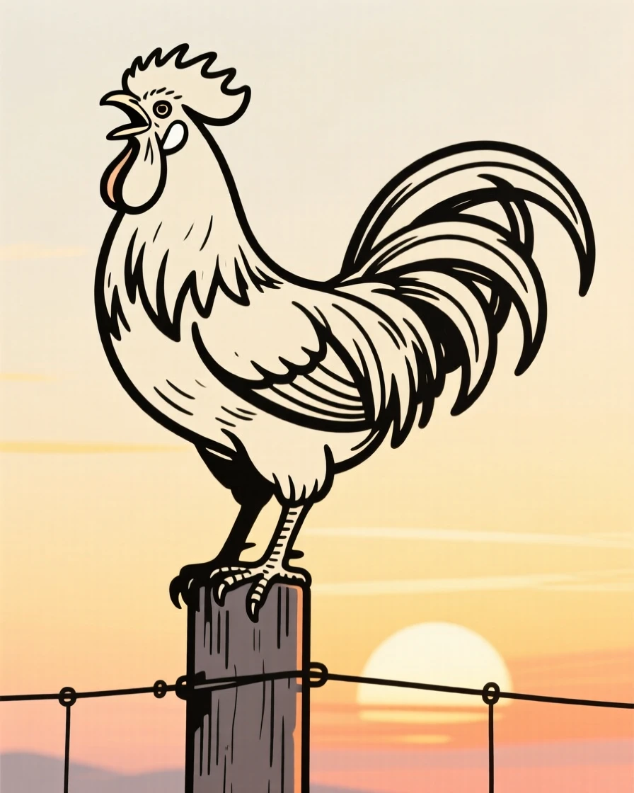 A rooster crowing proudly atop a fence post at sunrise.