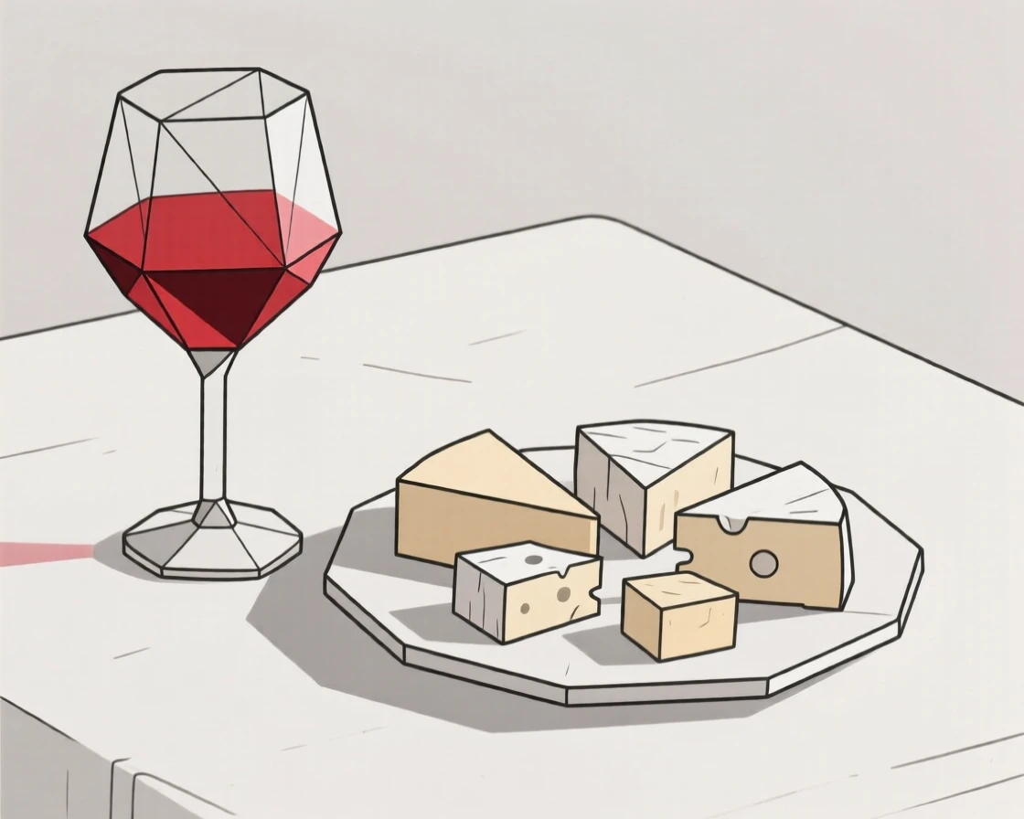 A glass of red wine beside a cheese platter