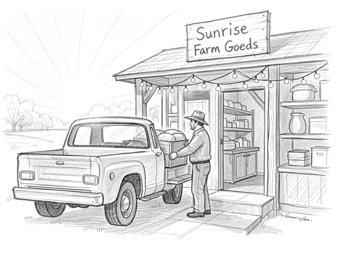 A farmer loading a truck at sunrise, in a small family-run shop, with warm string lights glowing above.