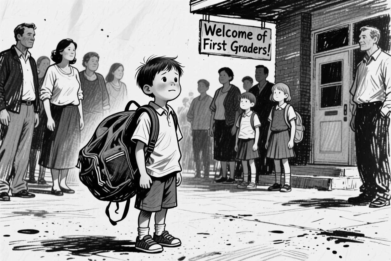 A child's first day of school, backpack too big, with everyone gathered close together.