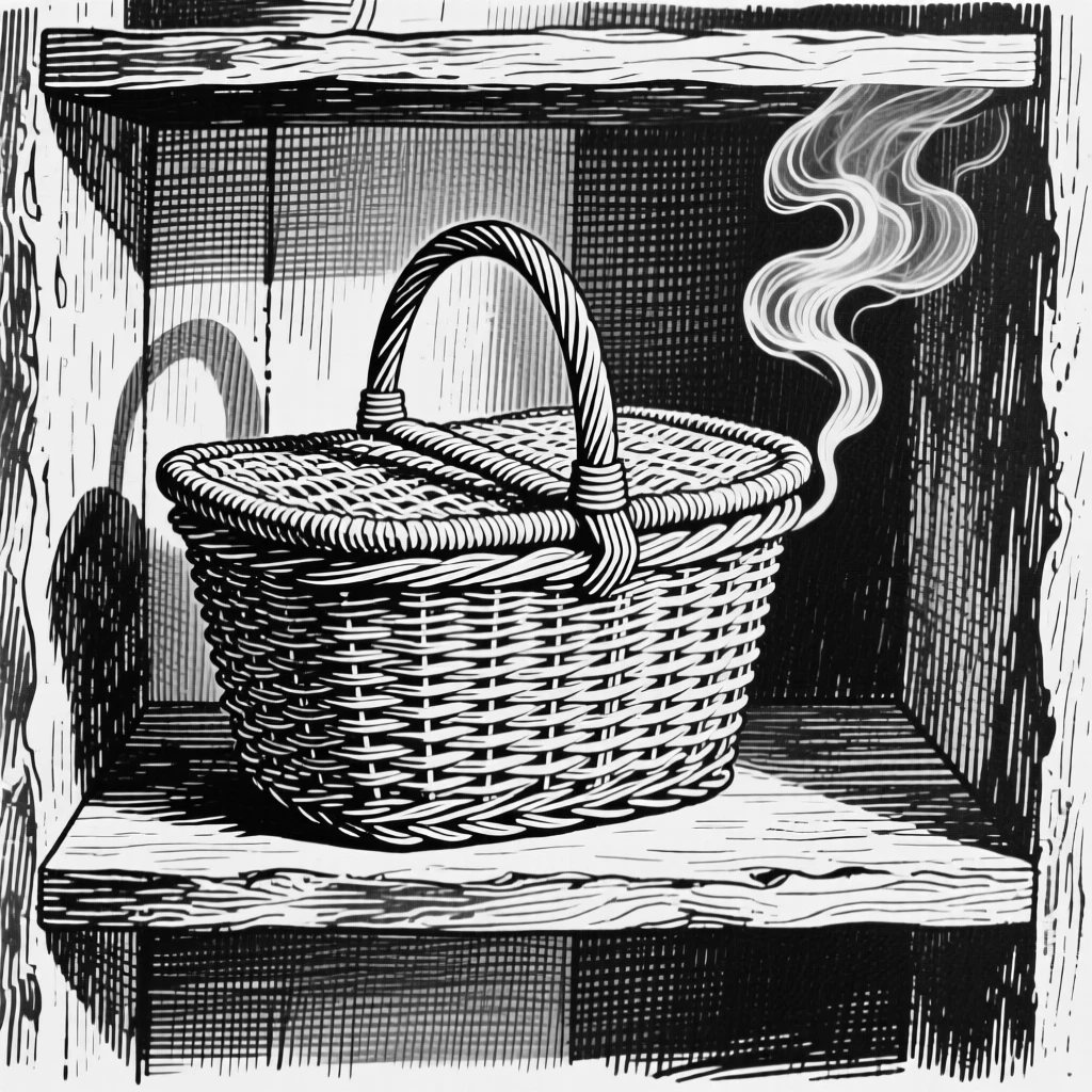 A wicker picnic basket displayed on an open shelf, with steam curling gently upward nearby, forming a refined and understated still-life study.