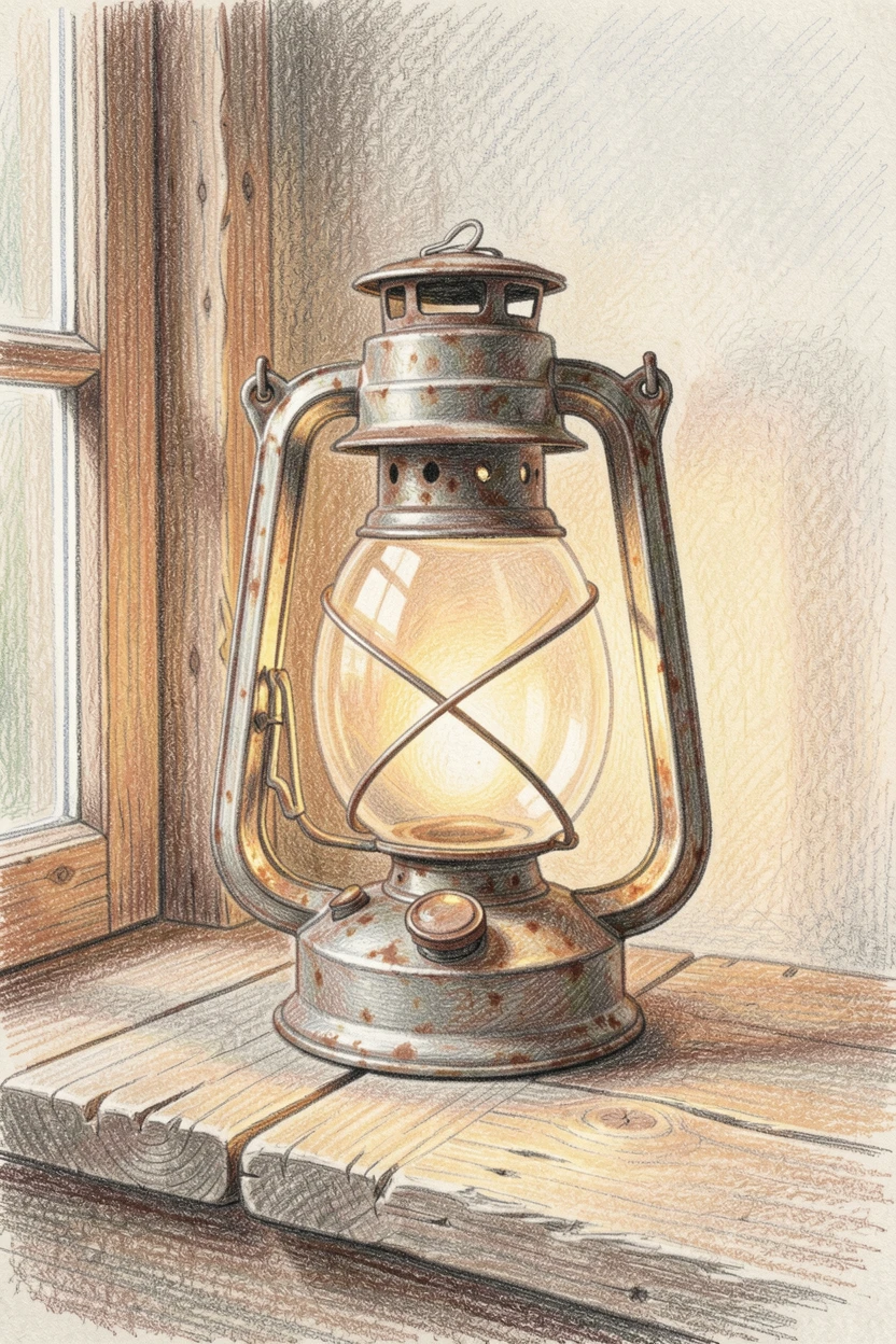 A vintage lantern glowing softly on a rustic windowsill, captured with careful, elegant composition, perfect for a vintage-inspired decorative aesthetic.