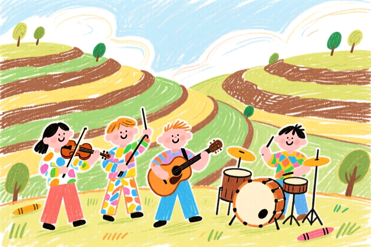 A group of musicians set against a backdrop of terraced hills.