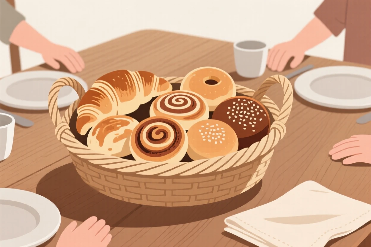 A basket of fresh pastries beautifully displayed on a wooden table at a family gathering.