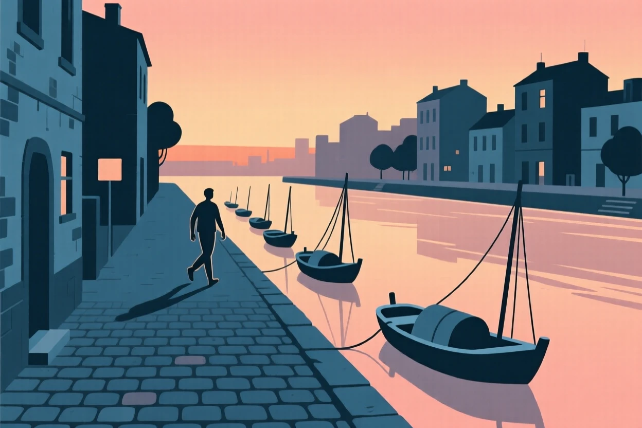 A journey through a riverside city at dusk toward an old cobblestone alley, passing a row of fishing boats, full of adventurous excitement.