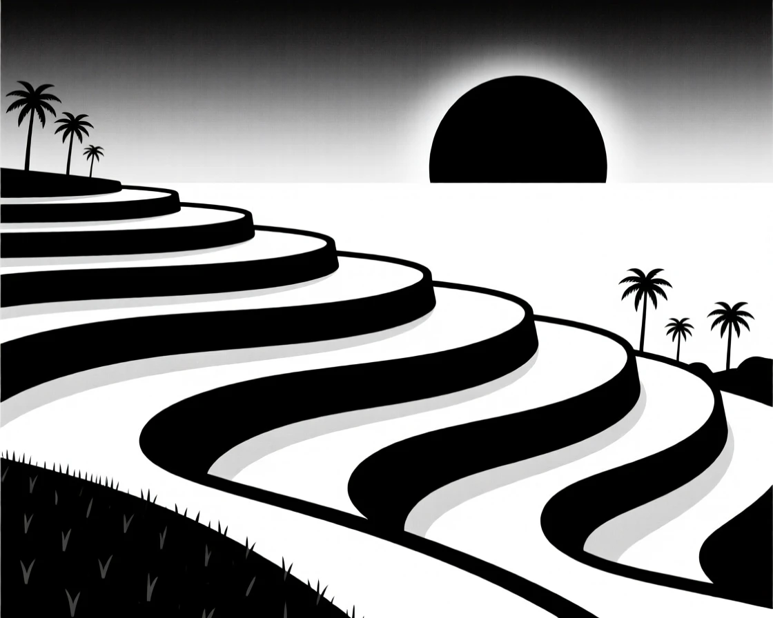 A rice terrace glowing at sunset.
