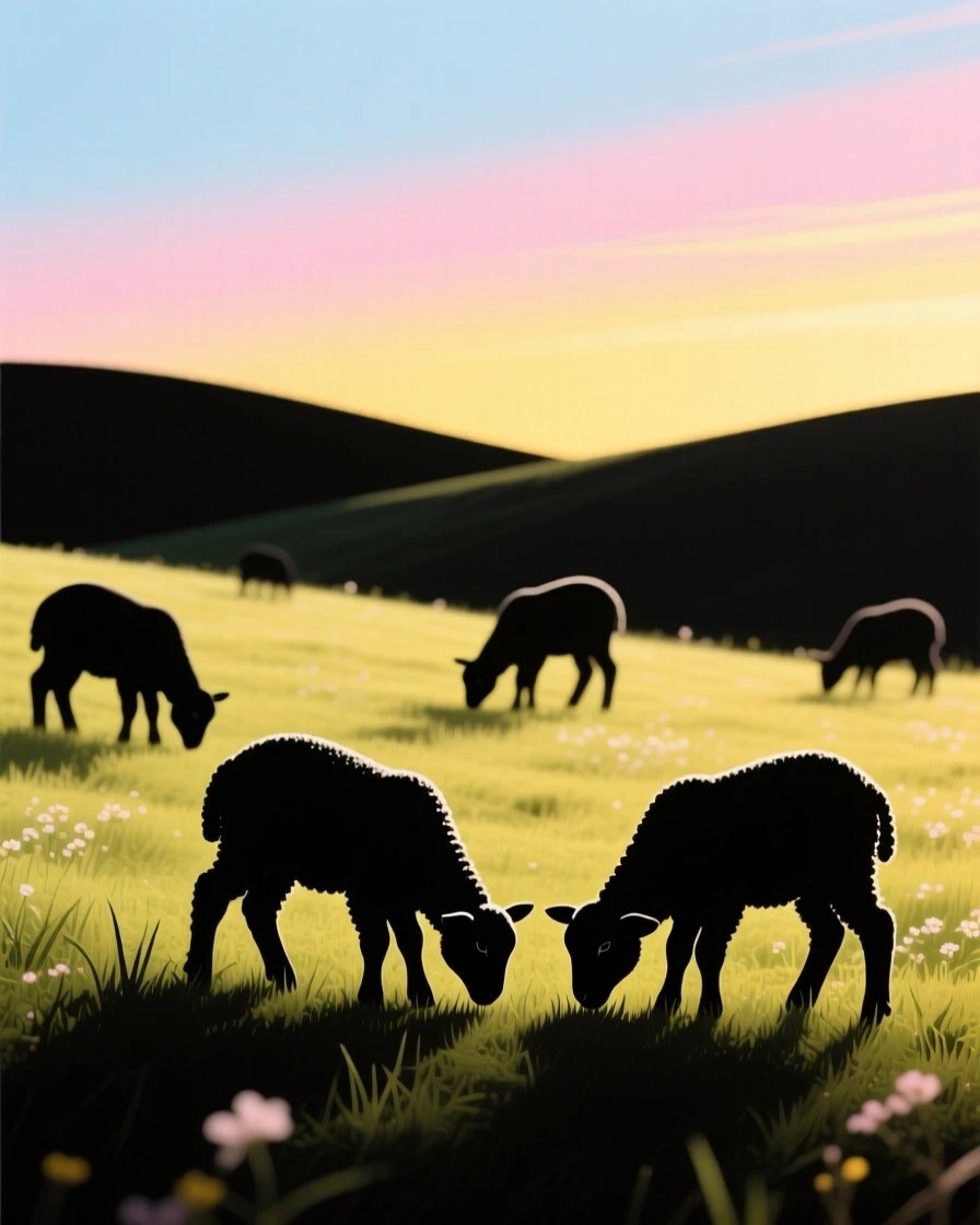 A field of young lambs grazing in a soft green spring meadow.