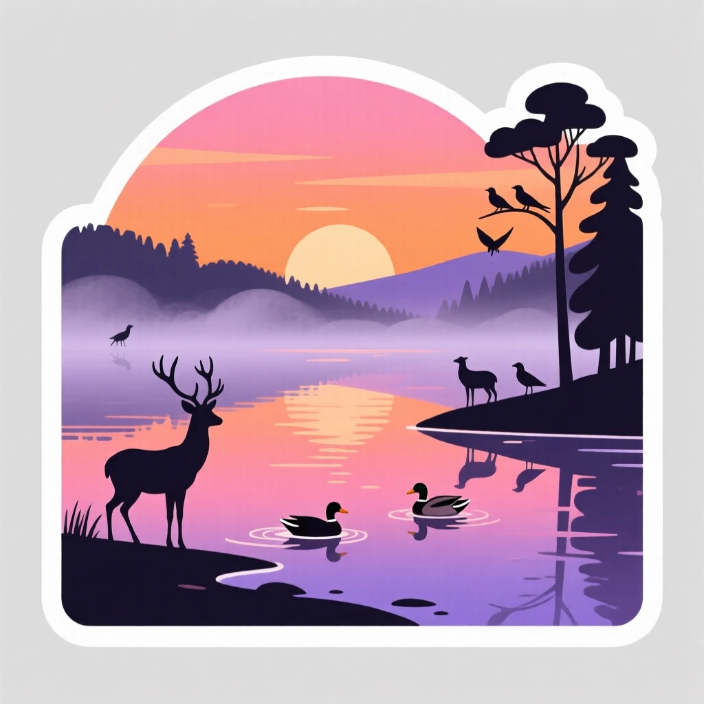 A peaceful tranquil lake reflecting the sunset, with morning mist rolling through, where wildlife roams freely.