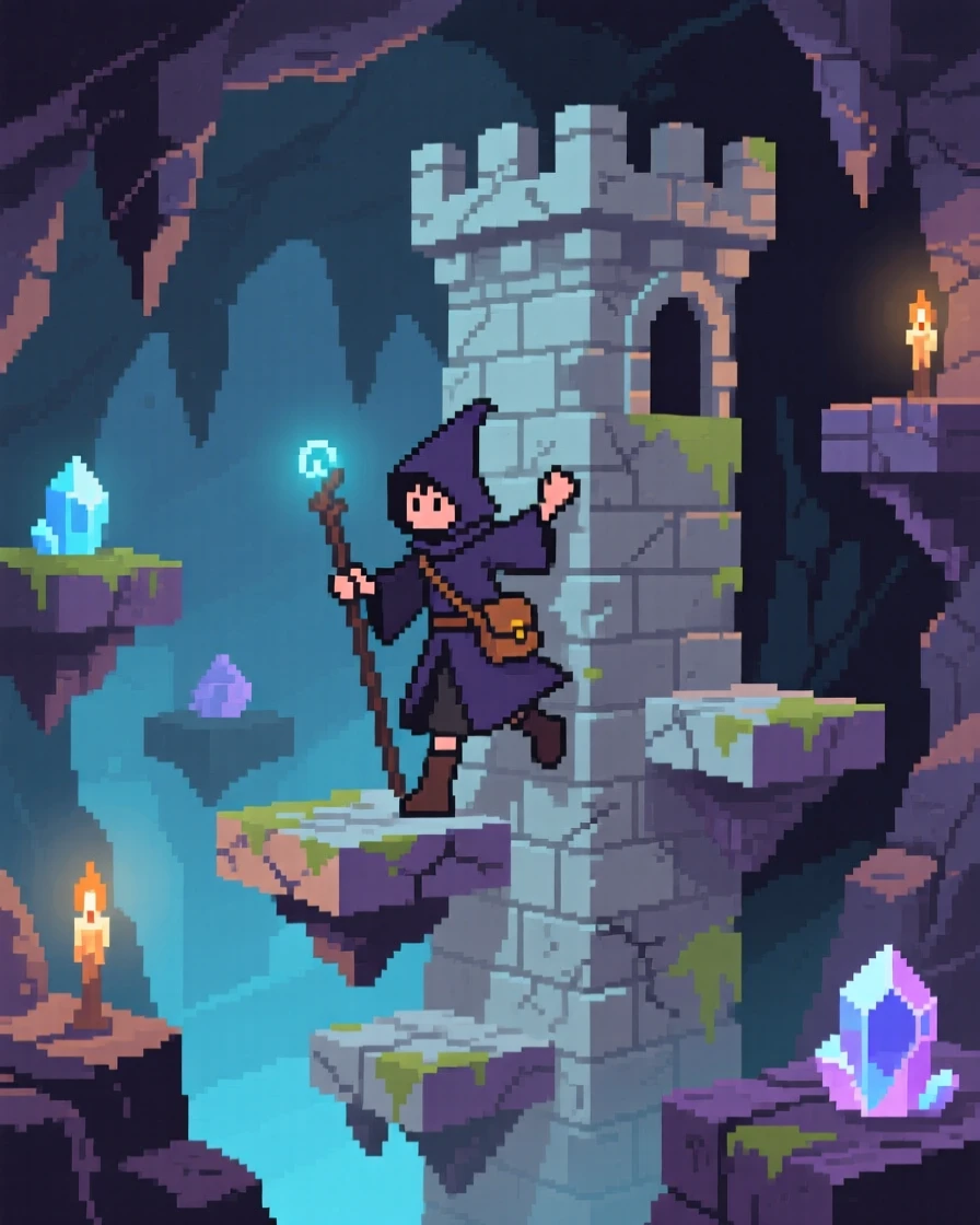 A young mage climbing a tower guarded by floating platforms, within a sprawling underground dungeon.