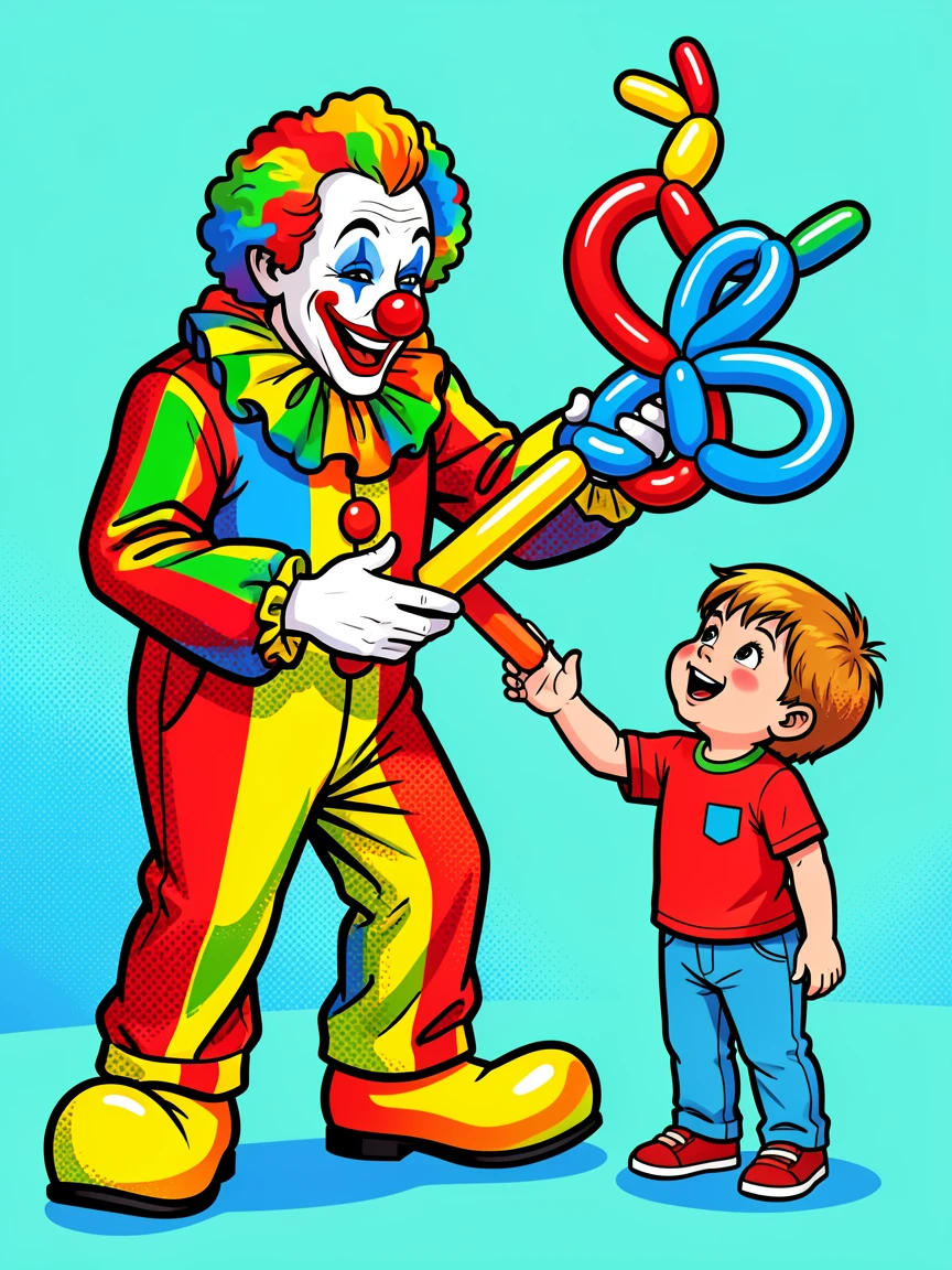 A clown twisting an elaborate balloon animal for a delighted child