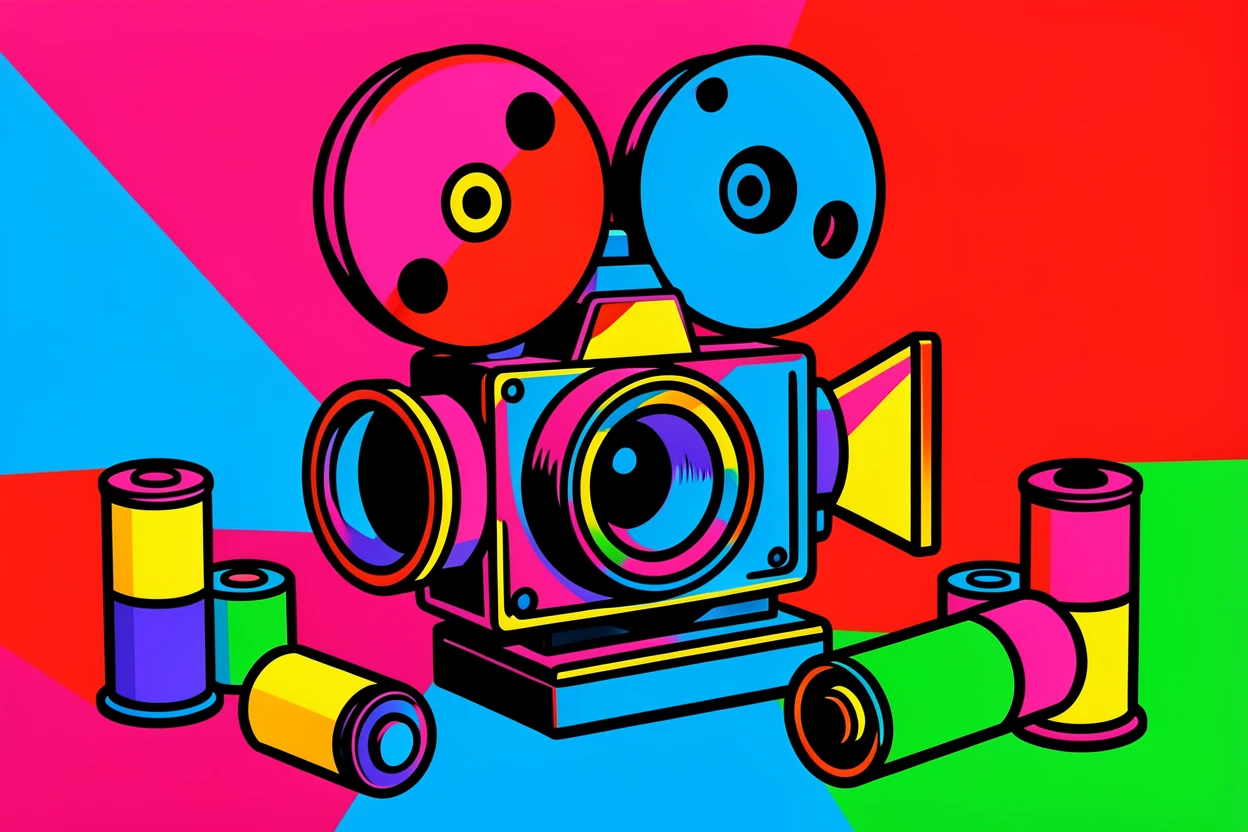 Vintage film camera with rolls of film scattered around