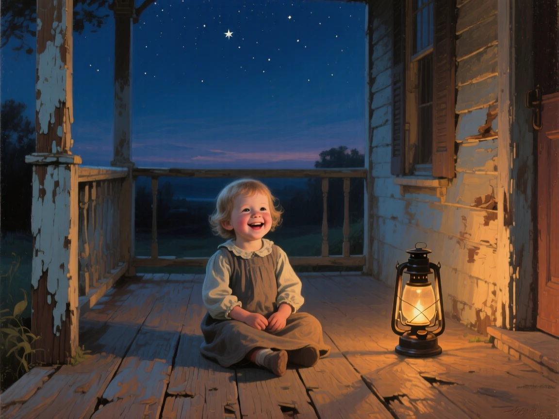A balanced composition of a small child on a weathered porch, brimming with joy, under the night sky.