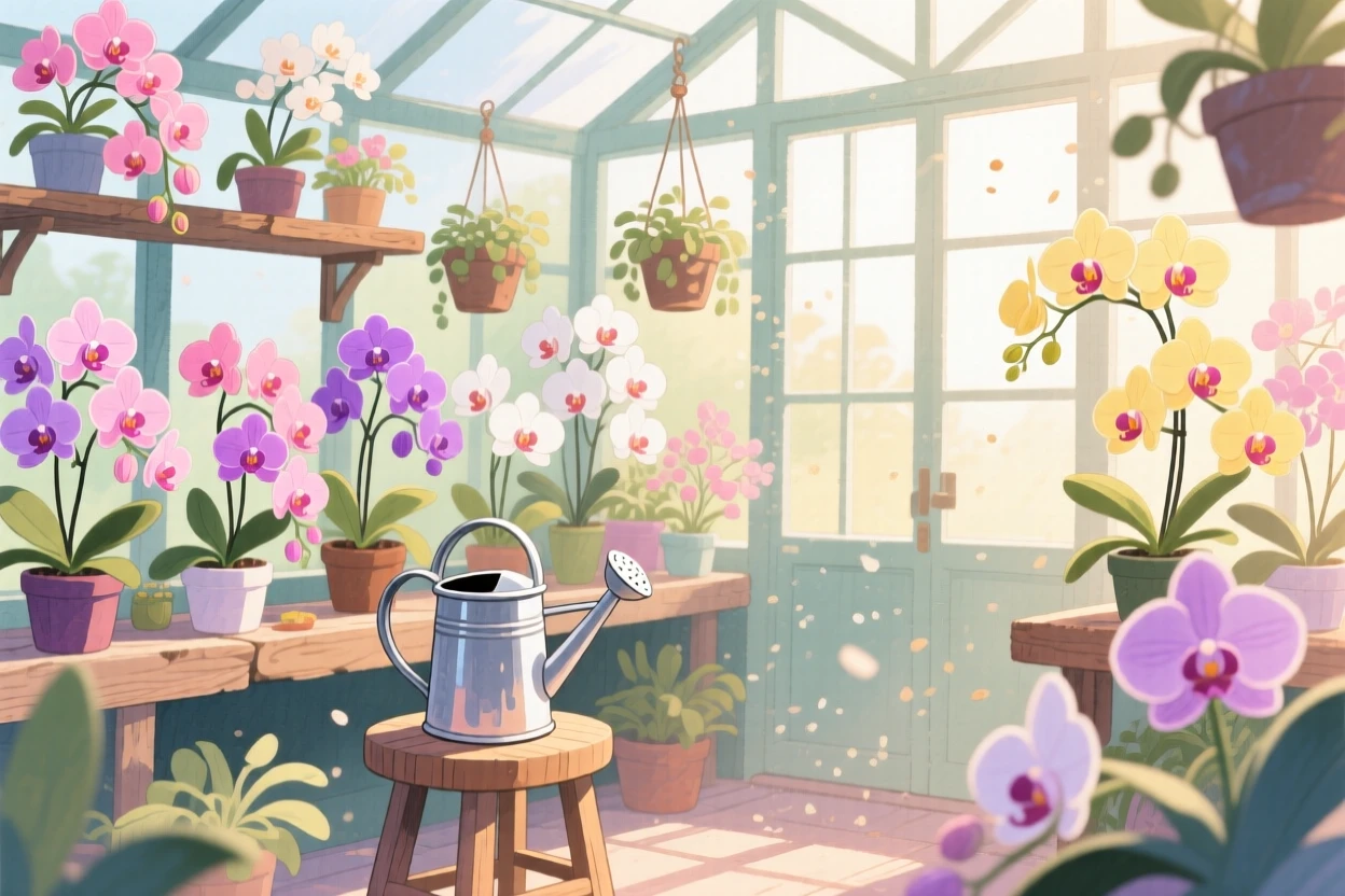 A greenhouse filled with blooming orchids and a watering can resting on a stool, with sunlight catching dust motes in the air, evoking a gentle, unhurried happiness.