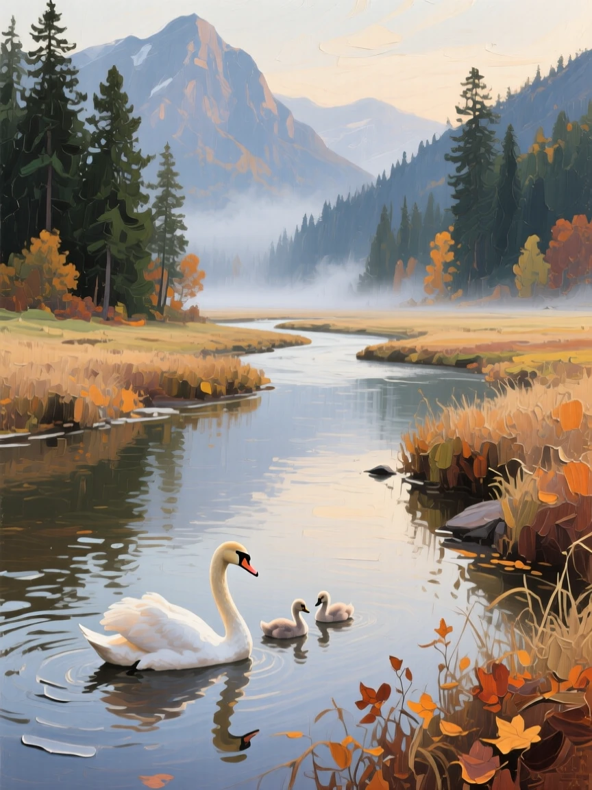 A wide, meandering river through open countryside, surrounded by towering pine-covered mountains, a family of swans gliding across the still surface, on a misty autumn morning.