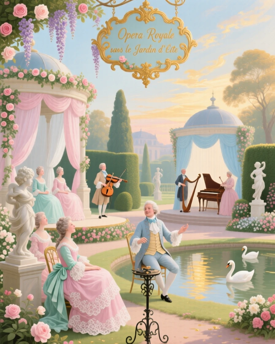 A garden opera attended by nobles seated under open pavilions  