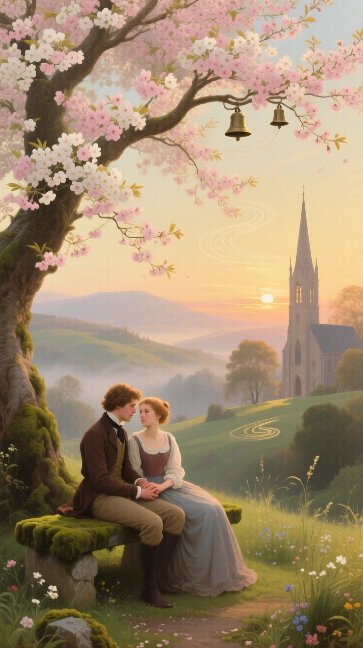 Two young lovers share a quiet moment beside a blossoming cherry tree while church bells ring in the distance.
