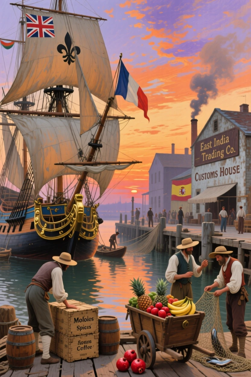 A colonial-era harbor filled with tall sailing ships at sunset, with intricate cultural details woven throughout the composition, offering a vivid window into a fascinating moment of human history