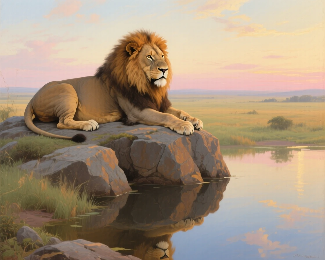 A proud lion resting atop a sunlit rocky outcrop overlooking the savanna in a fleeting instant of natural beauty rarely witnessed, set beside a still lake reflecting a painterly sky, with reflections in still water doubling the beauty of the moment; soft depth of field isolates the animal against a dreamlike backdrop, filled with gentle warmth and admiration for living creatures.