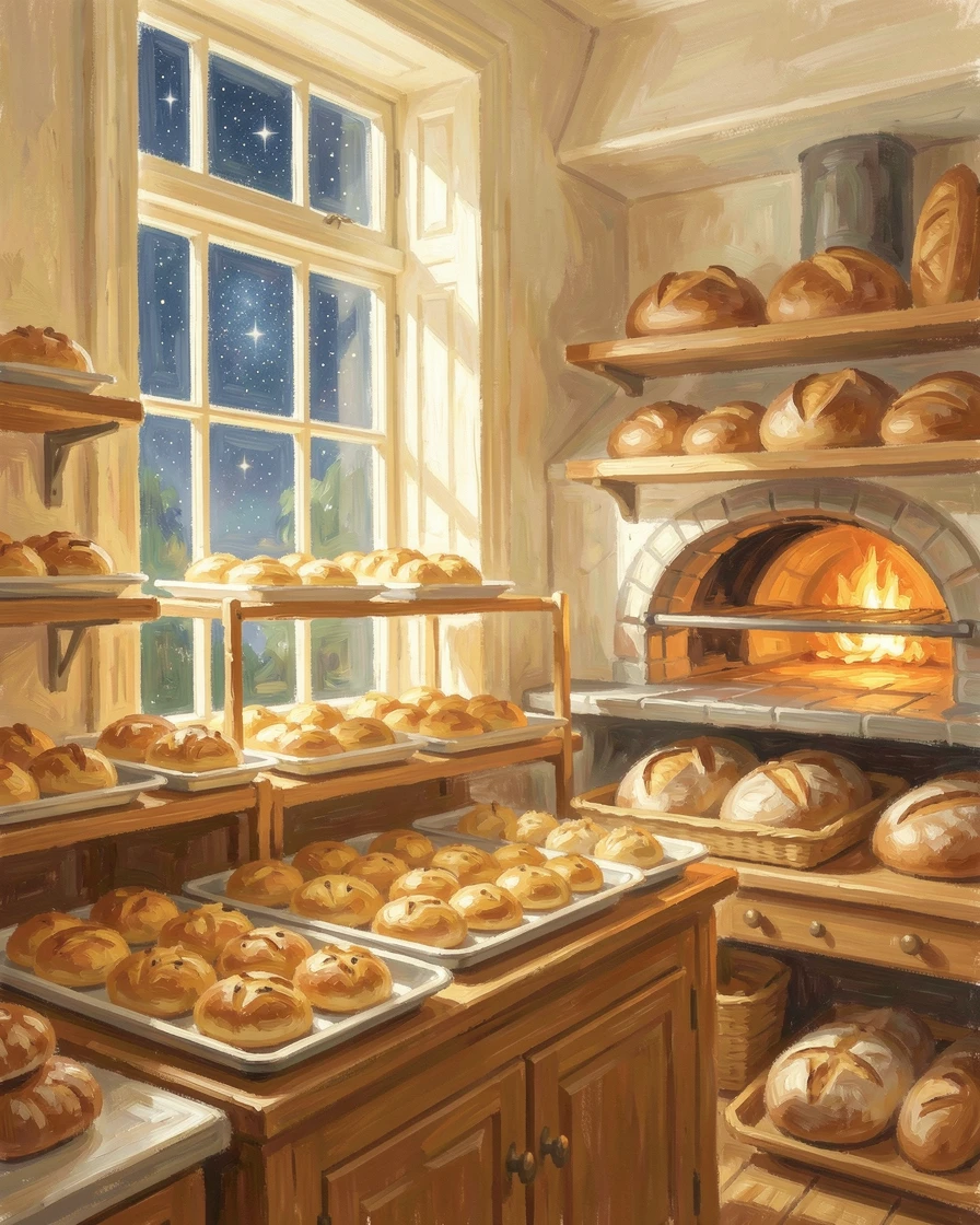 A warm bakery interior with trays of golden pastries and loaves fresh from a wood-fired oven, under a canopy of stars.