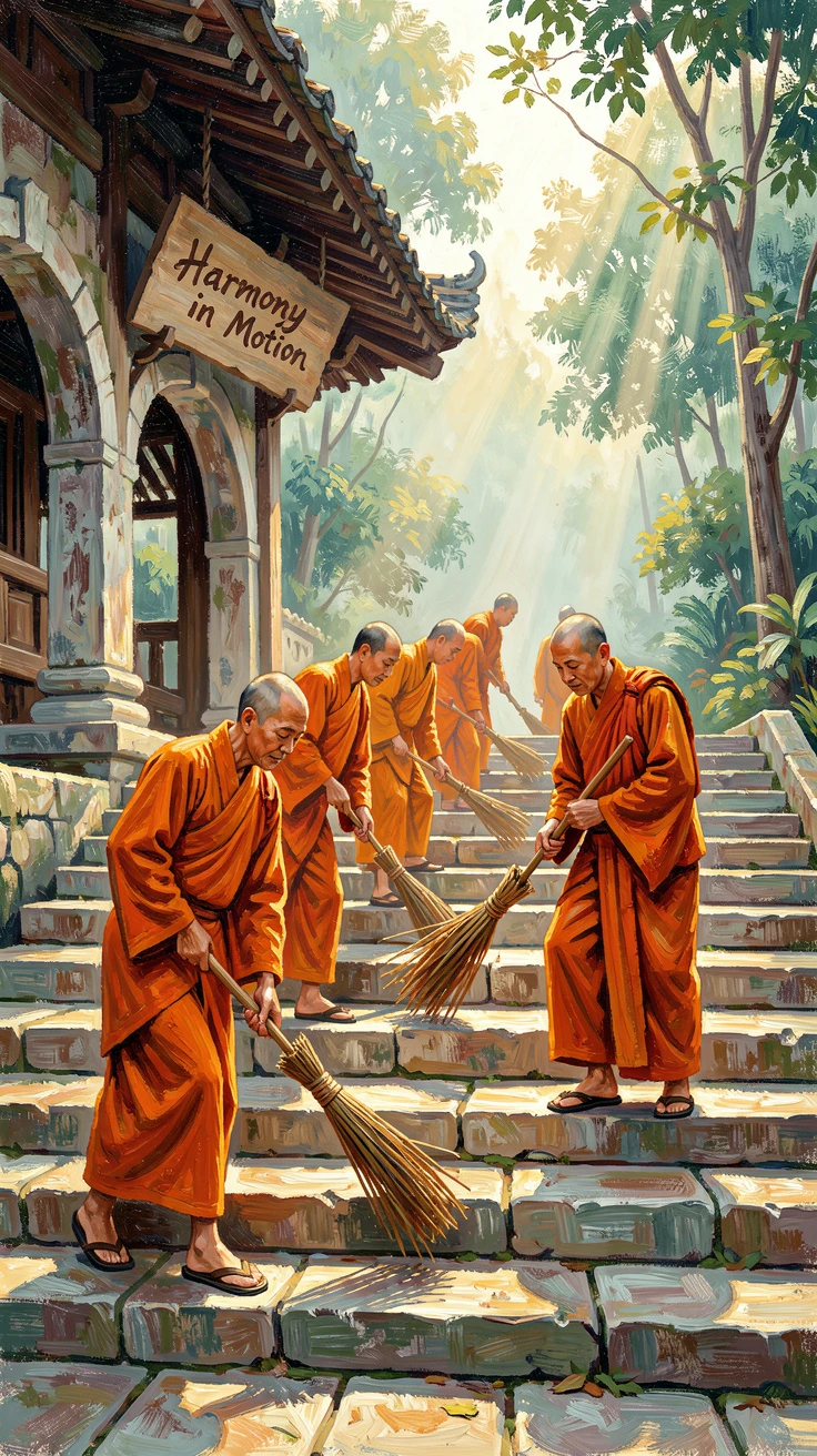 A group of monks sweeping temple steps together in the soft light of early morning.