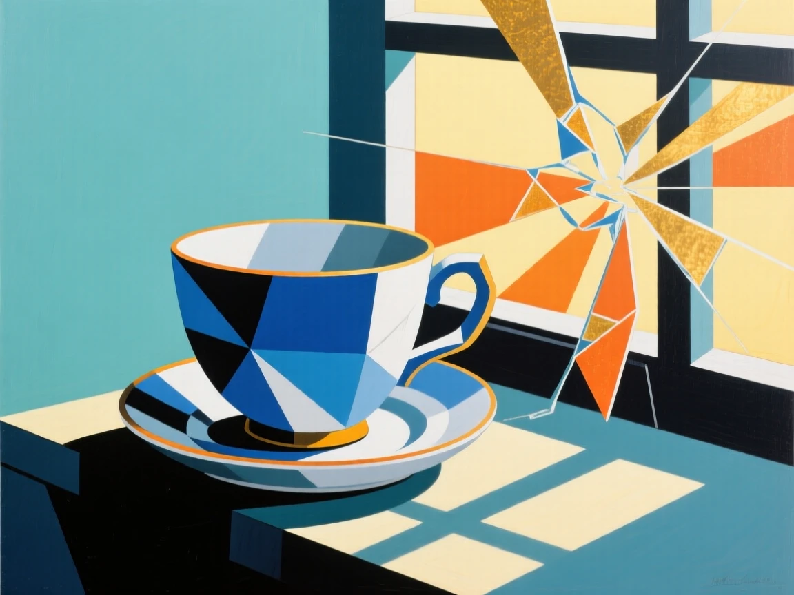 An elegant still life featuring a china teacup and saucer beside a sunlit windowsill.