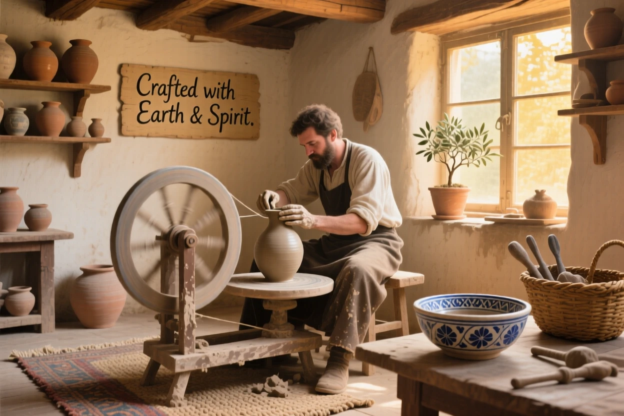 A skilled potter shapes wet clay on a spinning wheel in a rustic studio, hands covered in clay as sunlight streams through a nearby window, their surroundings offering subtle clues about culture, place, and the moment being lived.