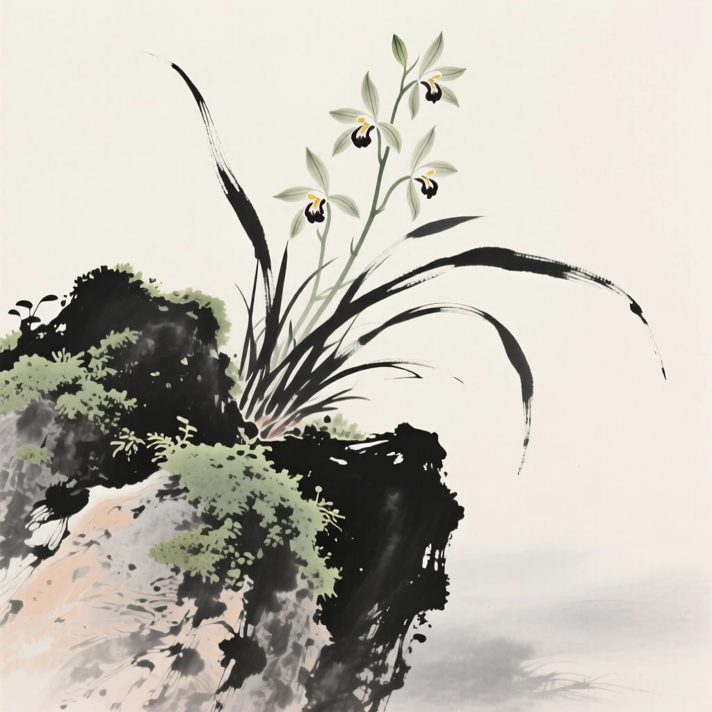 A cluster of wild orchids grows from a crevice in a mossy rock, with morning mist still clinging to the leaves.