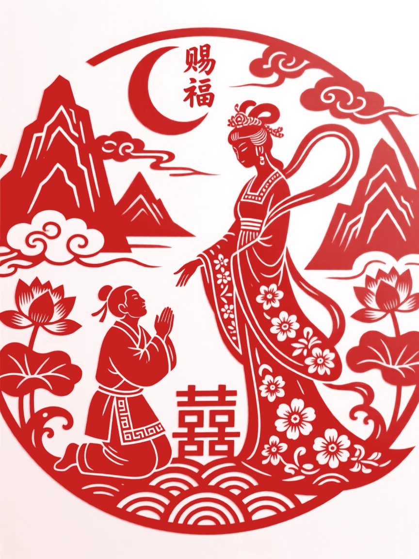 A moon goddess attendant, granting a wish to a kneeling villager, as thunder rumbles across distant peaks.