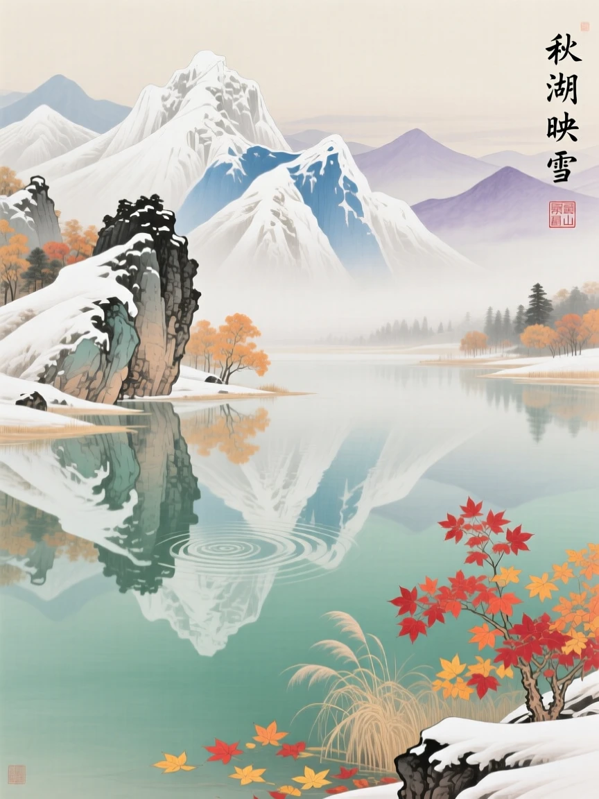 Snow-capped mountains reflected in a still autumn lake, with distant mountains fading into soft mist