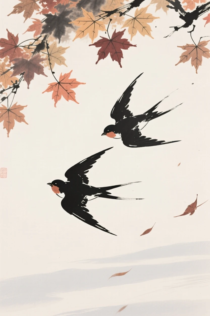 A pair of swallows soaring high against an open sky beneath a canopy of autumn maple leaves, seen up close with delicate feather detail, capturing a fleeting moment of natural beauty.
