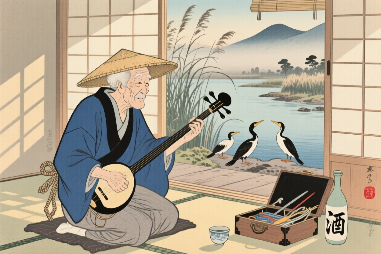 An elderly fisherman playing music in a sunlit room.