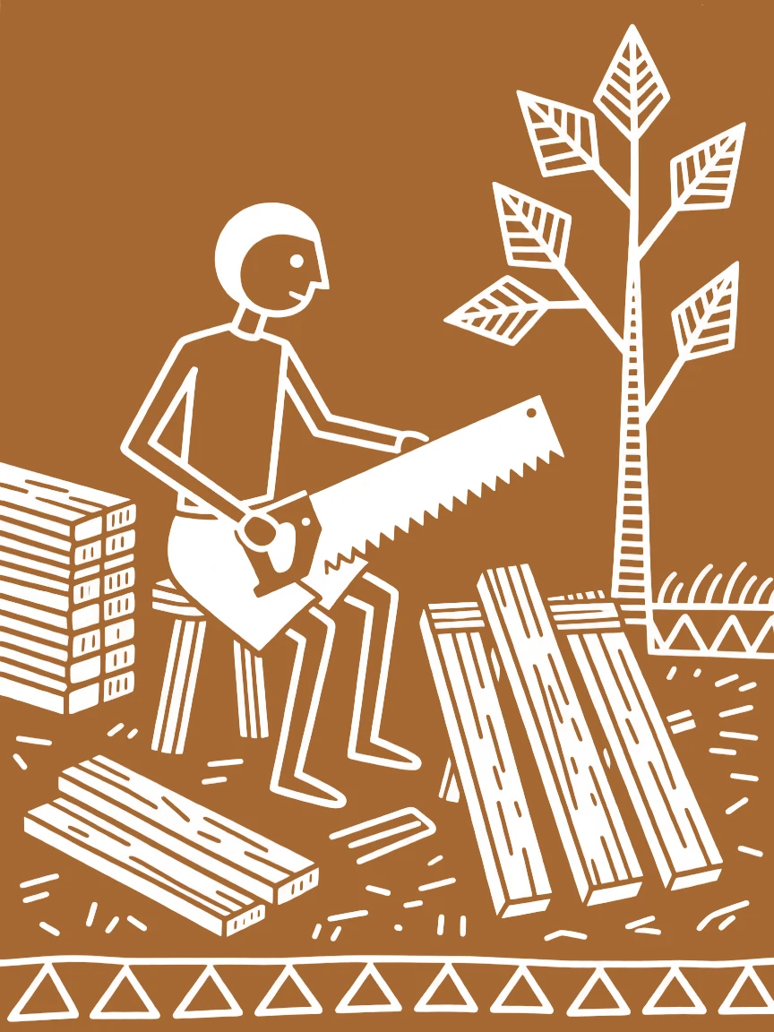 A carpenter preparing materials for the next day's work.
