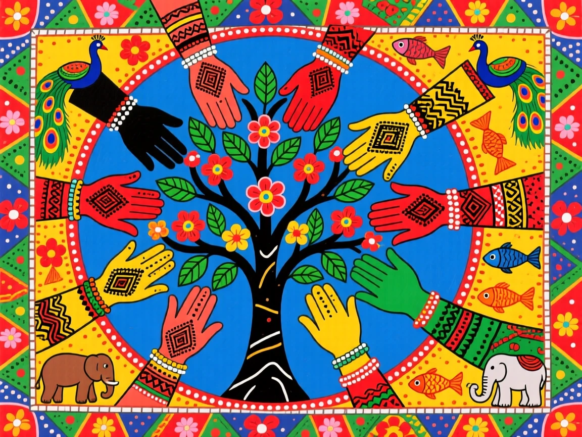 Hands from different cultures joined together around a blooming tree.