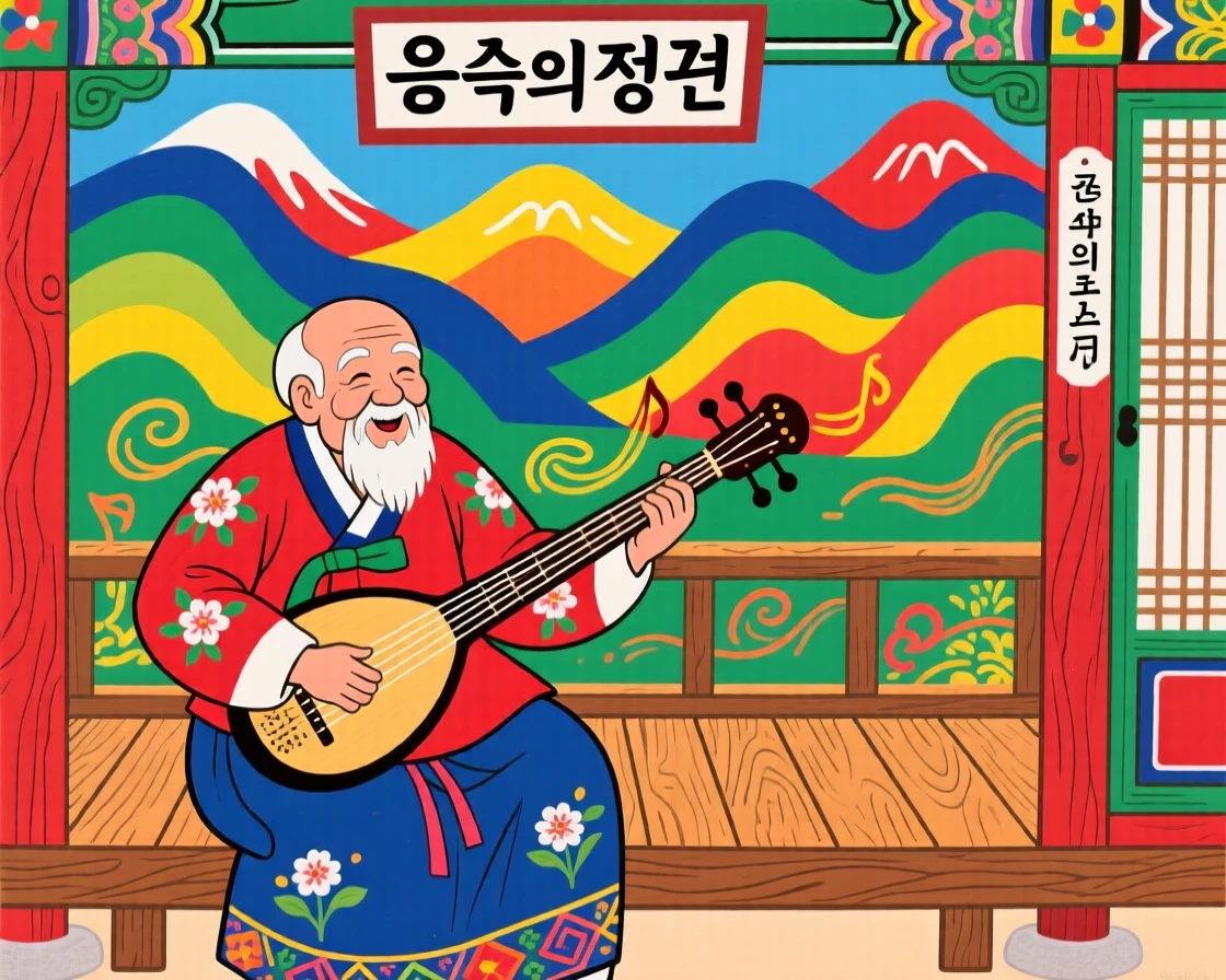 An elderly man playing a traditional string instrument, on a wooden veranda overlooking the mountains.