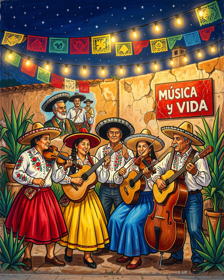 A group of musicians playing beneath string lights at night