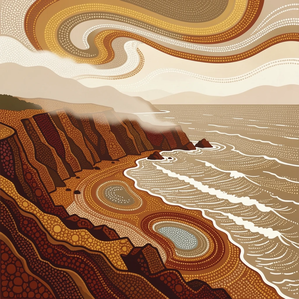 A rugged coastline shrouded in morning mist