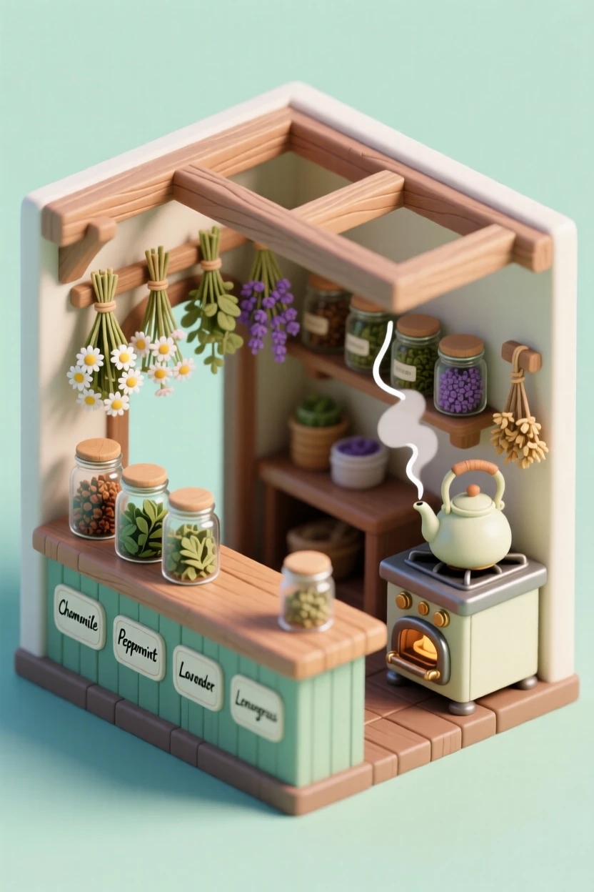 A quaint herbal tea shop with dried flowers hanging in bundles, glass jars of loose leaf tea, and a kettle whistling softly.