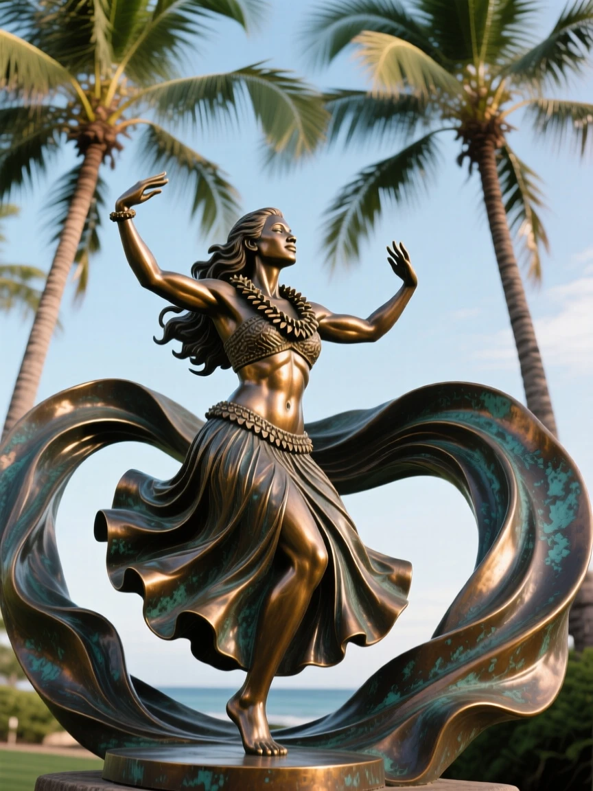 A hawaiian dancer performing hula beneath swaying palms, amid a swirl of dramatic drapery, forming a strong central focal point