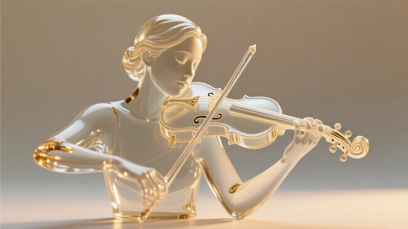 A violinist lost in the music, eyes closed captured in a candid, unposed moment, golden hour light wrapping around the figure, feeling authentic and moving.