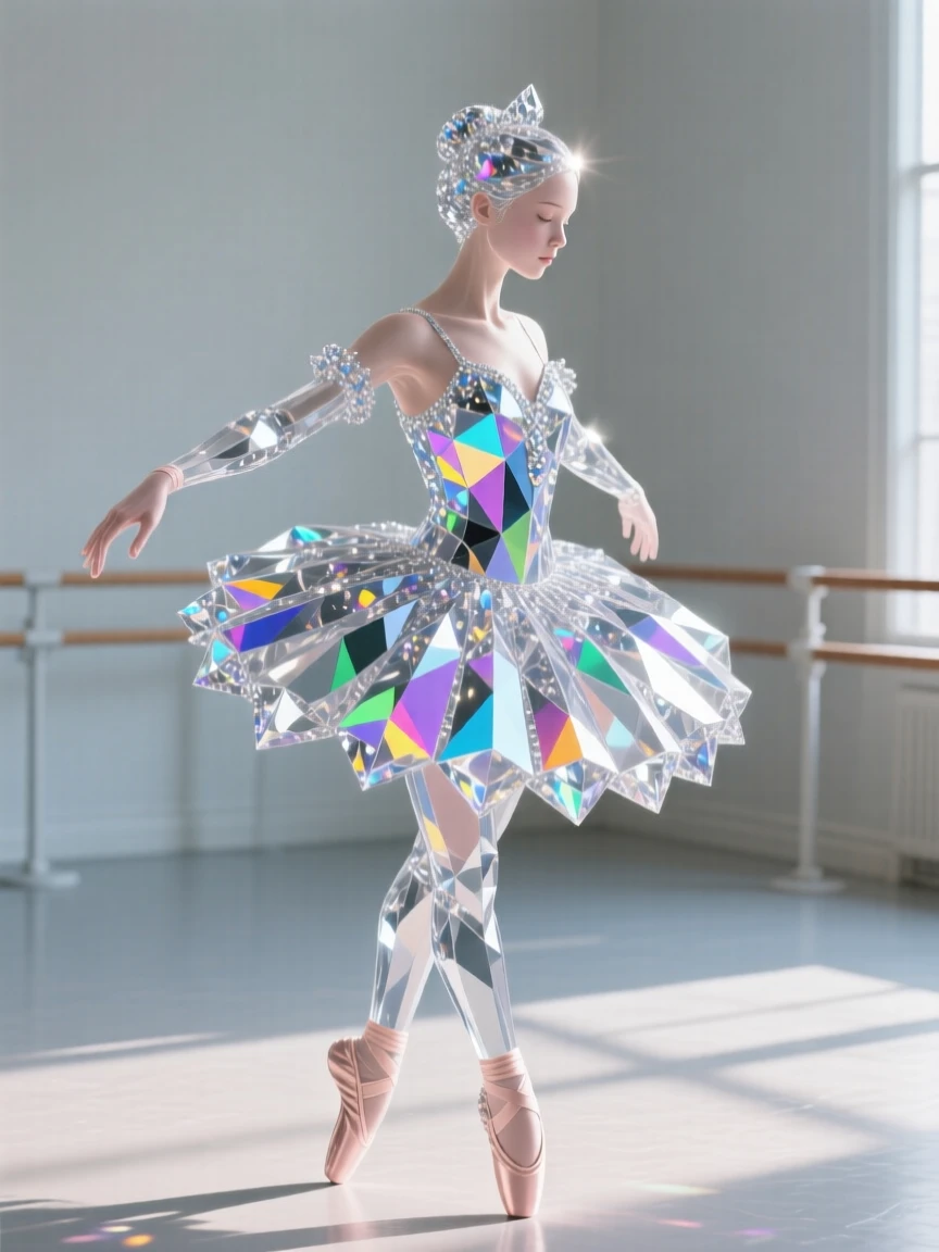 A young ballerina practicing alone in an empty, sunlit studio.