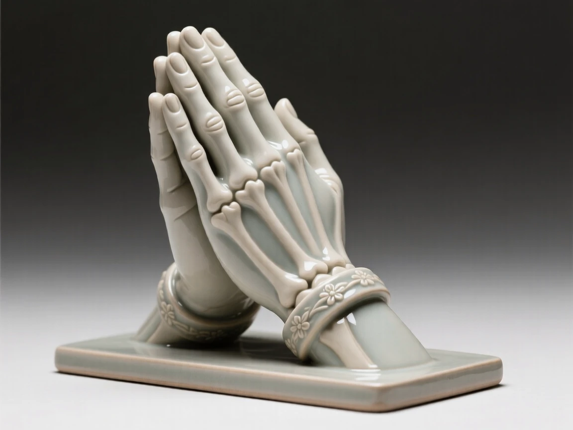 A pair of praying hands in quiet repose displayed as a refined centerpiece, accented with subtle, tasteful ornamentation, evoking refined elegance and quiet luxury.